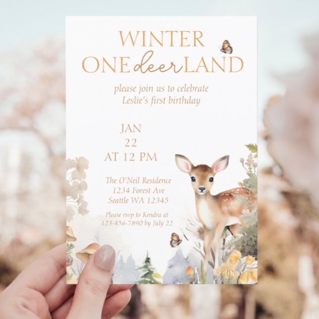 Convite Winter Wonderland Deer First Birday (Criador carregado)