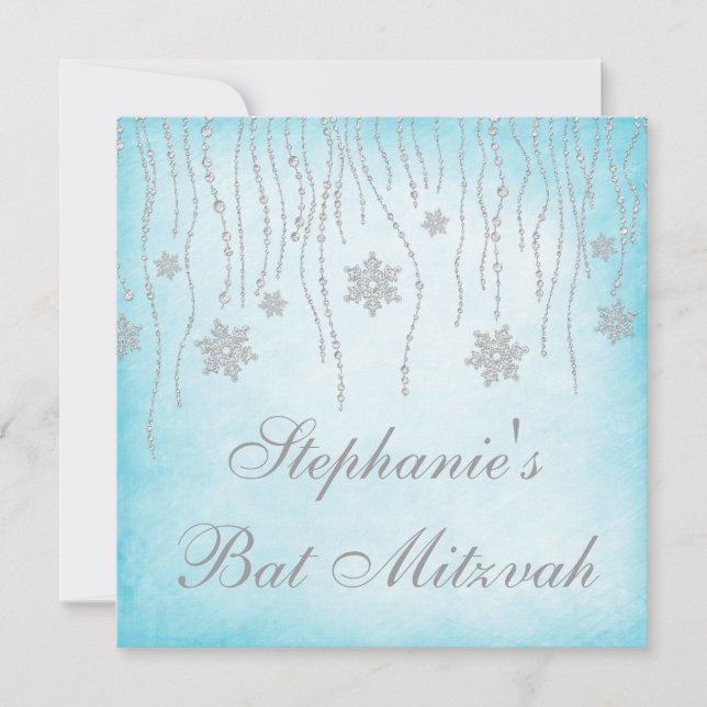 Convite Winter Wonderland Diamond Snowflakes Bat Mitzvah (Frente)