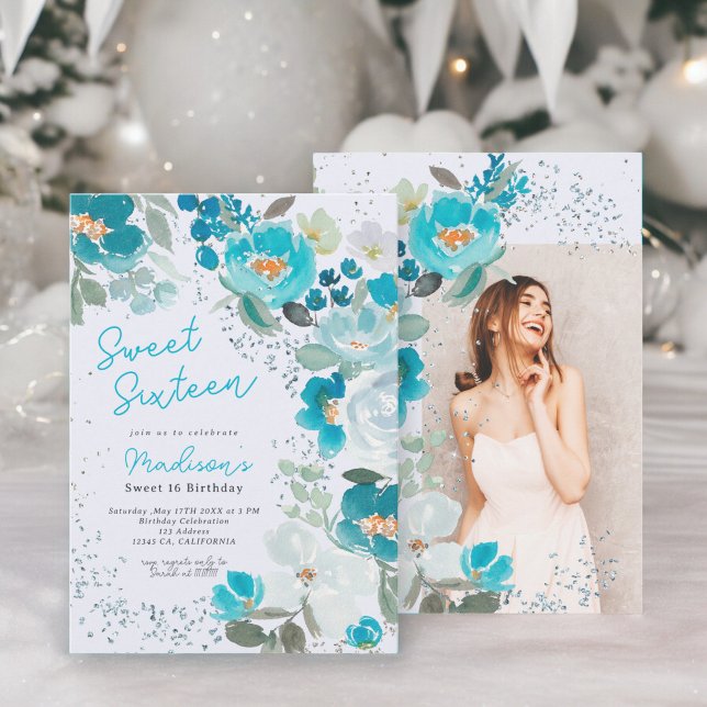 Convite Winter Wonderland Ice Blue Floral Sweet Sessenta (Winter Wonderland Ice blue Floral Sweet Sixteen Invitation)