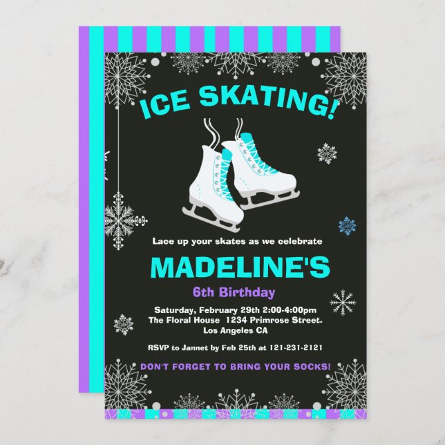 Convite Winter Wonderland Ice Skating Chalkboard Birthday (Frente/Verso)