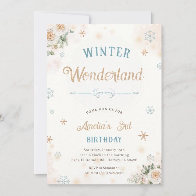 Convite Winter Wonderland Ice Snow Princess Girl Birday (Frente)