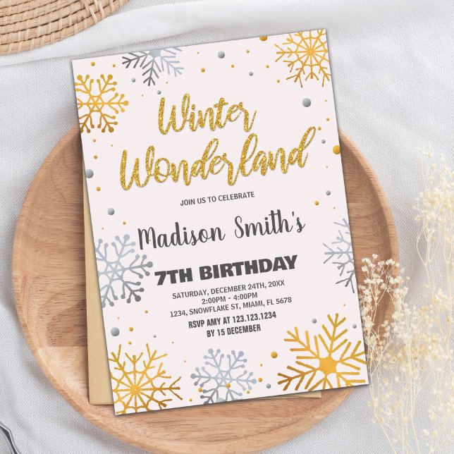 Convite Winter Wonderland Invances Snow Dourado Glitter (Winter Wonderland Invitations Snow Gold Glitter)