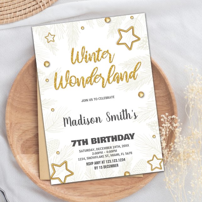 Convite Winter Wonderland Invices Star Dourado Glitter (Winter Wonderland Invitations Star Gold Glitter)