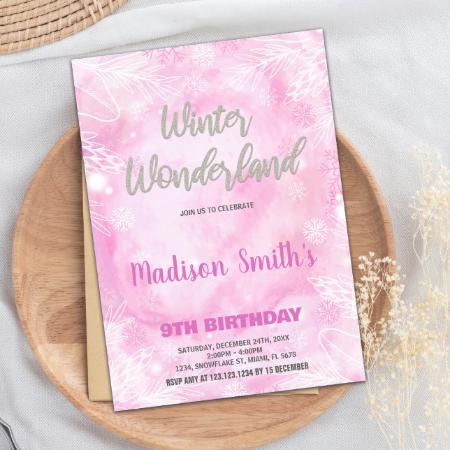 Convite Winter Wonderland Invoca Glitter de Prata Rosa (Winter Wonderland Invitations Pink Silver Glitter)