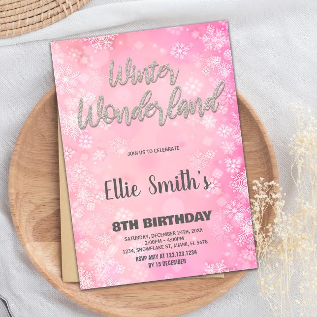Convite Winter Wonderland Invoca Glitter de Prata Rosa (Winter Wonderland Invitations Pink Silver Glitter)
