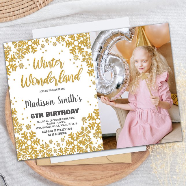Convite Winter Wonderland Invtions Dourada Fotografia Glit (Winter Wonderland Invitations Gold Glitter Photo)
