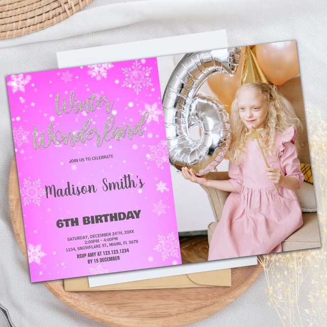 Convite Winter Wonderland Invtions Pink Glitter Photo (Winter Wonderland Invitations Pink Glitter Photo)