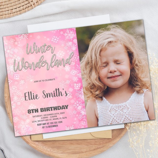 Convite Winter Wonderland Invtions Pink Silver Photo (Winter Wonderland Invitations Pink Silver Photo)