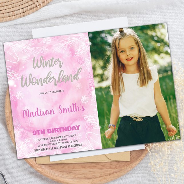 Convite Winter Wonderland Invtions Pink Silver Photo (Winter Wonderland Invitations Pink Silver Photo)