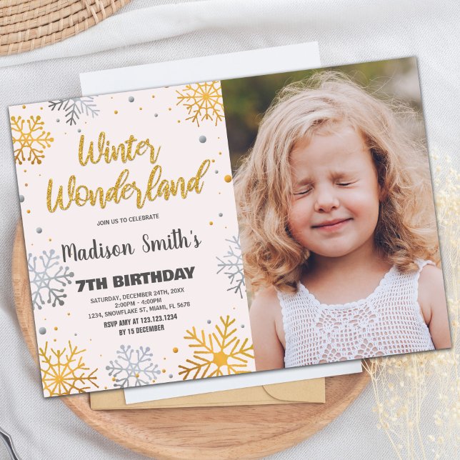 Convite Winter Wonderland Invtions Snow Dourada Com Foto (Winter Wonderland Invitations Snow Gold With Photo)
