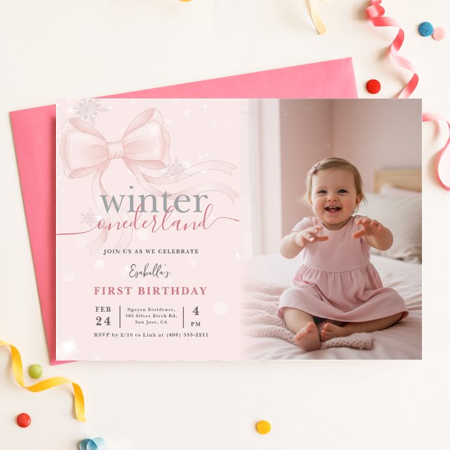 Convite Winter Wonderland Pink Bow Photo First Birthday (Criador carregado)