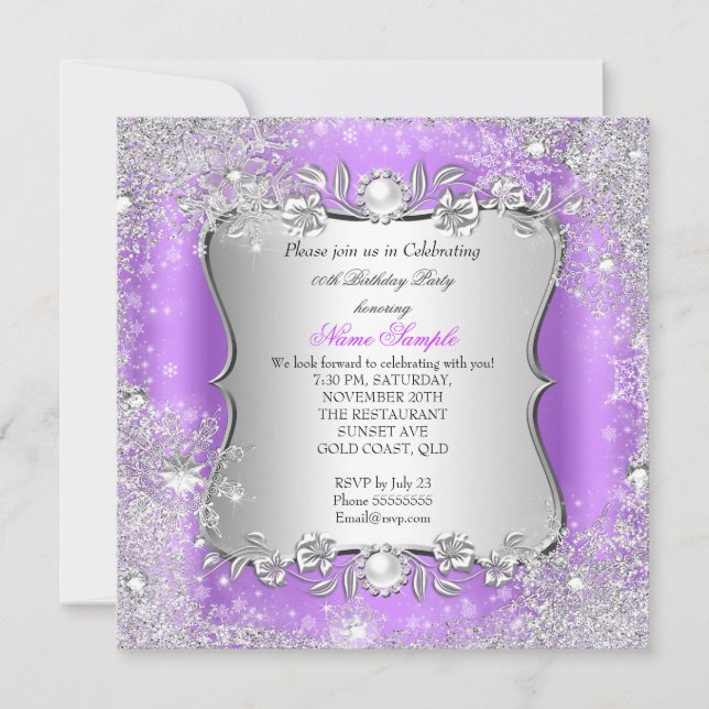 Convite Winter Wonderland Purple Silver Snowflake Party (Frente)