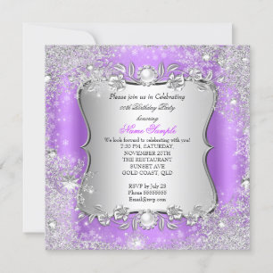 Convite Winter Wonderland Purple Silver Snowflake Party