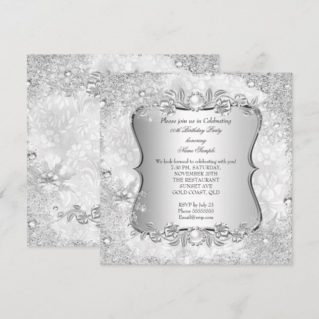 Convite Winter Wonderland Silver Snowflake Birthday (Frente/Verso)
