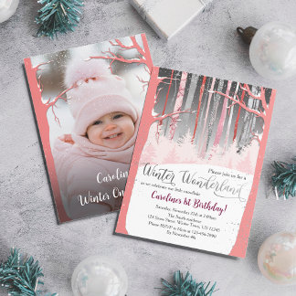 Convite Winter Wonderland Snow Trees Pink Silver Photo