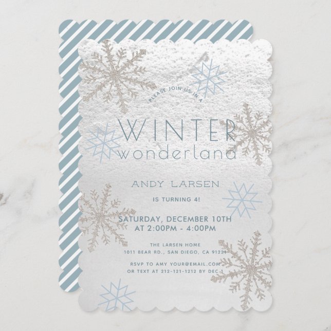 Convite Winter Wonderland Snowflake Blue Birthday (Frente/Verso)