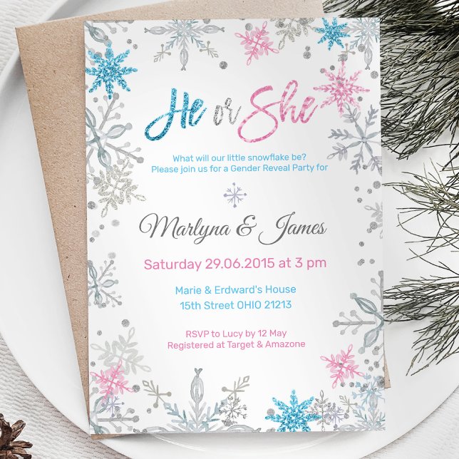 Convite Winter Wonderland Snowflake Gender Reveite Invite (Criador carregado)