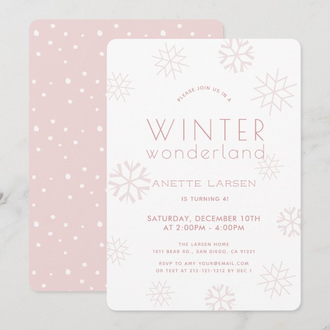 Convite Winter Wonderland Snowflake Girl Pink Birday (Frente/Verso)