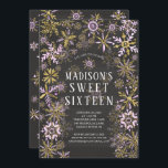 Convite Winter Wonderland Sweet Six Festa de aniversário<br><div class="desc">O moderno inverno,  doce,  dezesseis convites,  com flocos de ouro e neve cor-de-rosa,  sobre um fundo negro de tendências.</div>