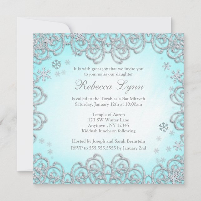 Convite Winter Wonderland Swirl Snowflakes Bat Mitzvah (Frente)
