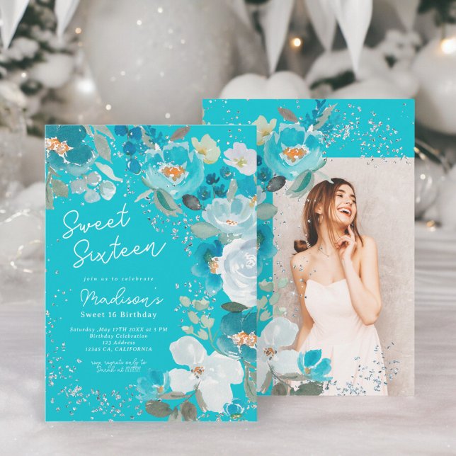 Convite Winter Wonderland Tea Blue Floral Sweet Sessenta (Winter Wonderland teal blue Floral Sweet Sixteen Invitation)