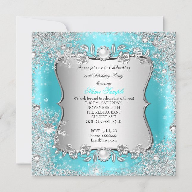 Convite Winter Wonderland Teal Silver Snowflake Aniversári (Frente)
