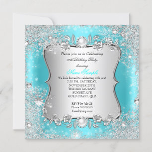 Convite Winter Wonderland Teal Silver Snowflake Aniversári