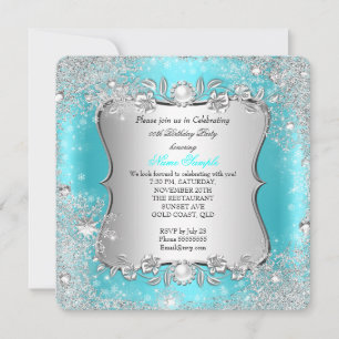 Convite Winter Wonderland Teal Silver Snowflake Aniversári