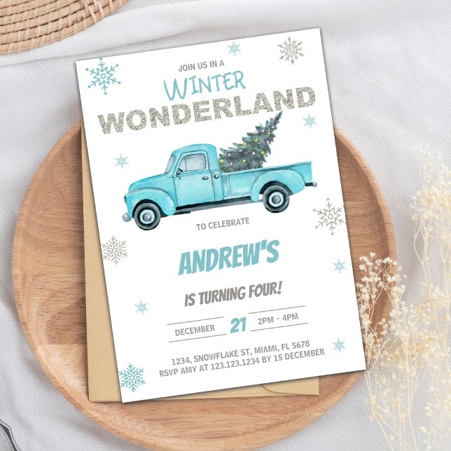 Convite Winter Wonderland Truck Birthday Invances (Winter Wonderland Truck Birthday Invitations)