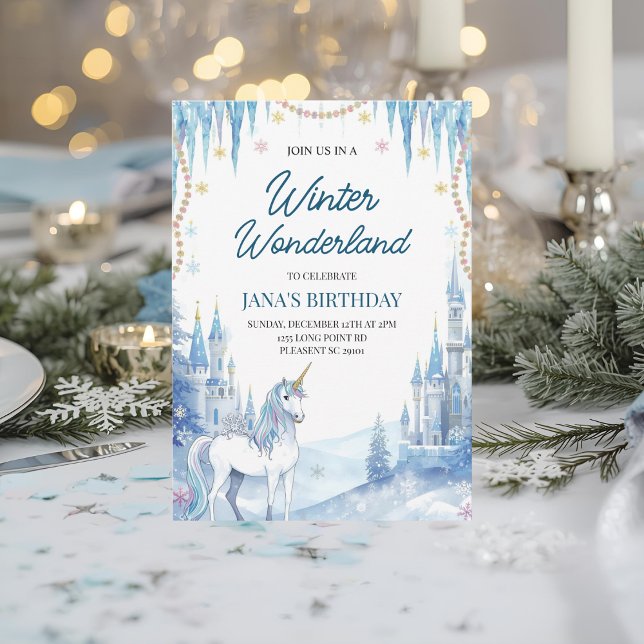 Convite Winter Wonderland Unicorn Birthday (Criador carregado)