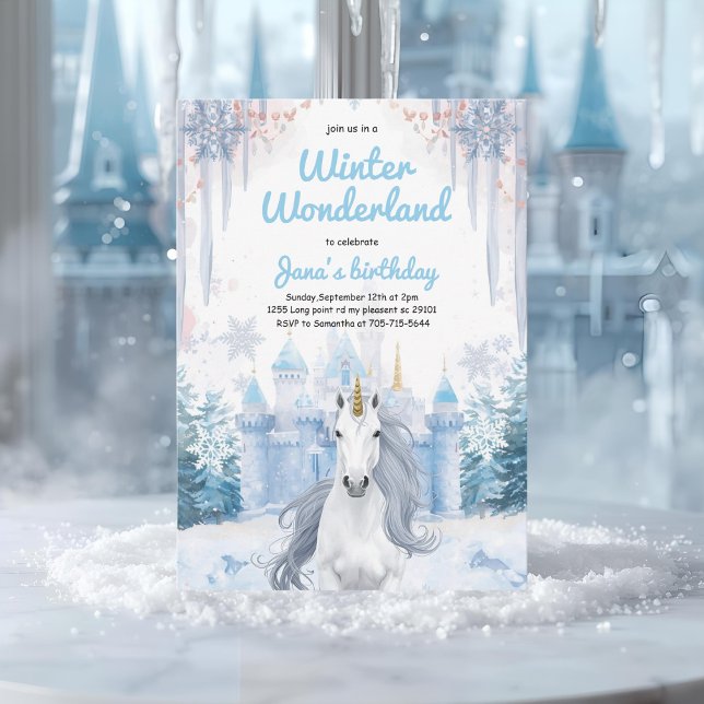 Convite Winter Wonderland Unicorn Birthday  (Criador carregado)