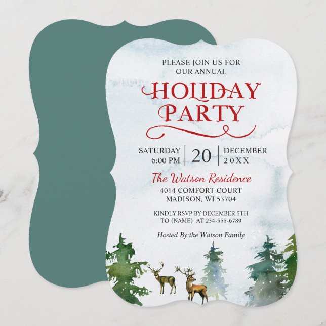 Convite Winter Wonderland Watercolor Holiday Party (Festa  (Frente/Verso)