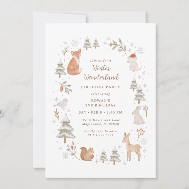 Convite Winter Woodland Animals Wonderland Birthday (Frente)