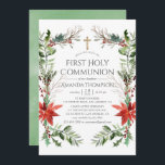 Convite Winter Woodland Christmas First Santa Commune<br><div class="desc">Pinho rústico de neve e abeto,  natal floral de aquarela,  primeiro convite de comunhão sagrado com um fundo verde de lavagem de aquarelas sage.</div>