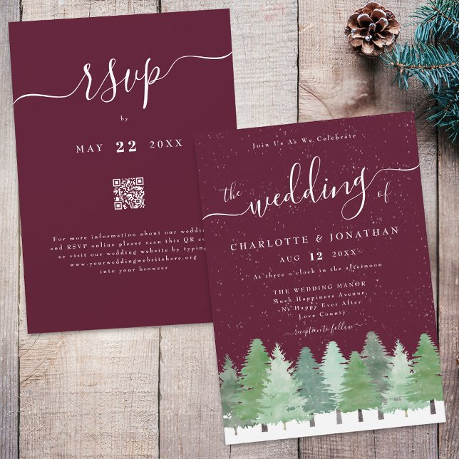 Convite Winter Woodland Forest Burgundy Wedding Código Qr (Winter Woodland forest watercolor sage green and white wedding qr code invitation Elegant romantic)
