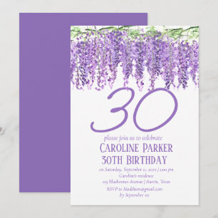 Convite Wisteria aniversário de 30 anos Purple Floral Viol