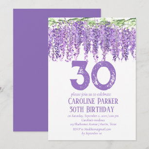 Convite Wisteria aniversário de 30 anos Purple Floral Viol