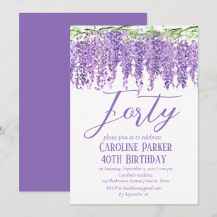 Convite Wisteria aniversário de 40 anos Purple Floral Viol