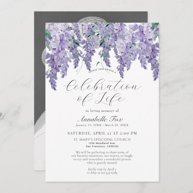 Convite Wisteria Celebration of Life Funeral Memorial (Frente/Verso)