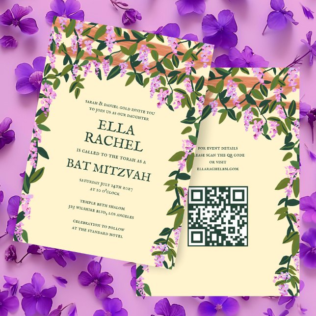 Convite Wisteria Custom B'nai Bat Bar Mitzvah QR Code (Wisteria Flowers Custom B'nai Bat Bar Mitzvah QR Code Jewish Invitation
)
