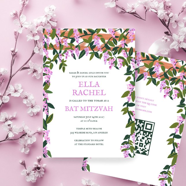 Convite Wisteria Custom B'nai Bat Bar Mitzvah QR Code Girl (Wisteria Custom B'nai Bat Bar Mitzvah QR Code Invitation Girl Modern 
)
