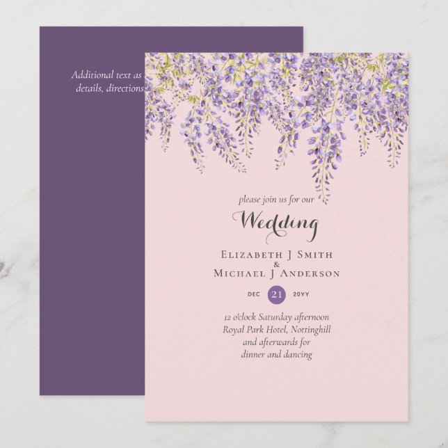 Convite Wisteria Floral Garden Lavanda Casamento Dusty Pin (Frente/Verso)