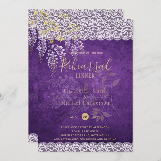 Convite Wisteria Floral Lace REHEARSAL JANTO INVITE (Frente/Verso)