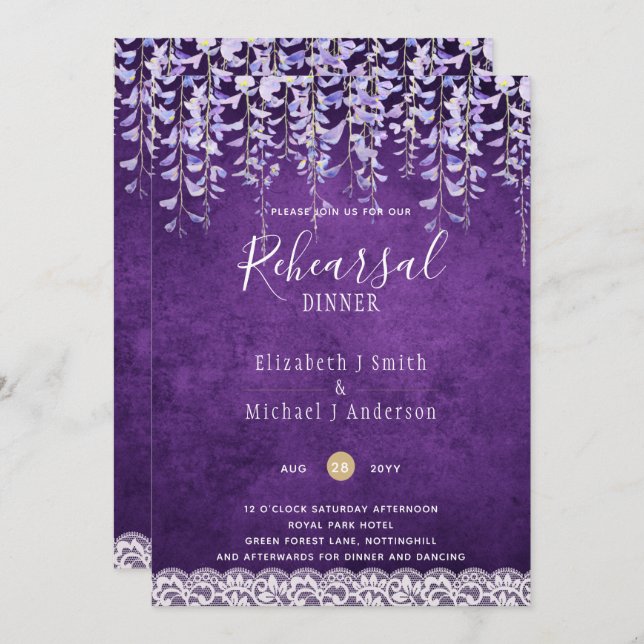 Convite Wisteria Floral Lace REHEARSAL JANTO INVITE (Frente/Verso)