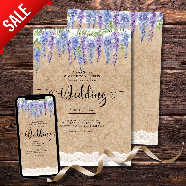 Convite Wisteria Floral Weding Rustic Kraft Lace (Criador carregado)