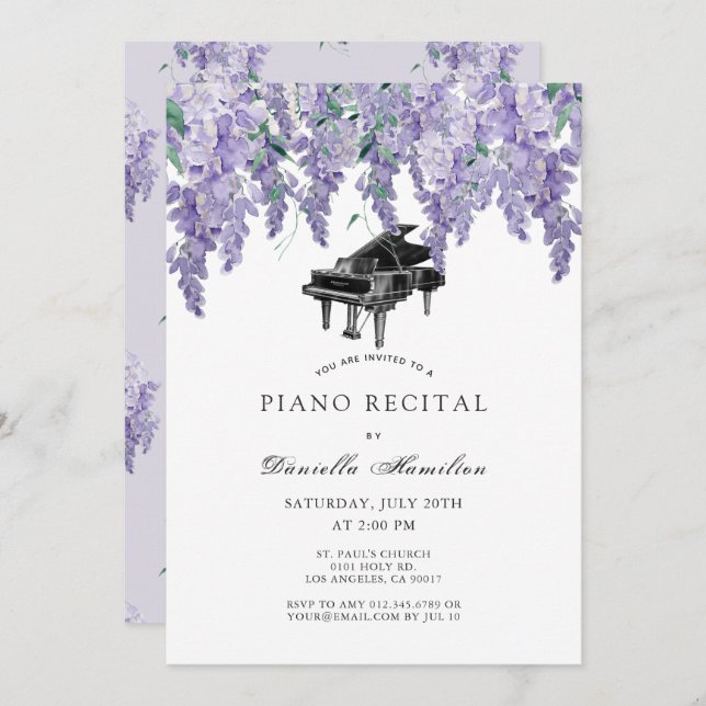 Convite Wisteria Piano White Recital Invitation (Frente/Verso)