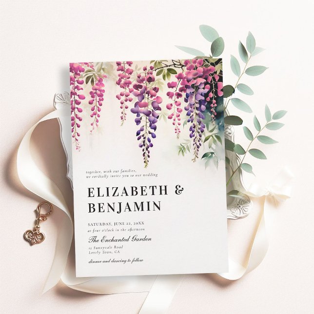 Convite Wisteria Romantic Garden Party Pink Purple Weding (wisteria garden party wedding invitation romantic elegant modern formal watercolor floral pink boho)
