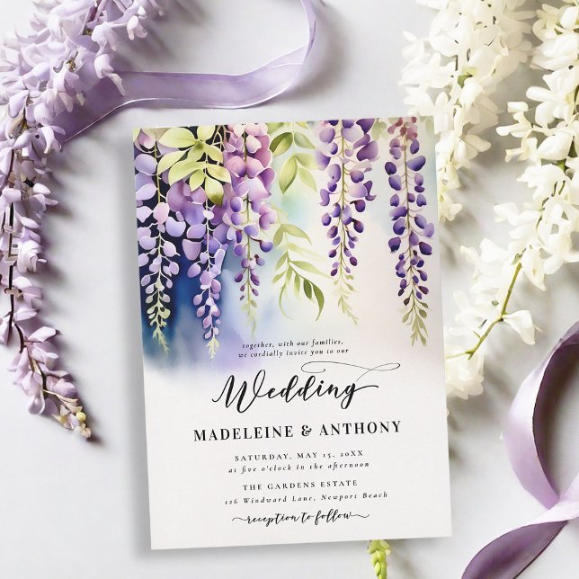 Convite Wisteria Romantic Garden Party Purple Boho Wedding (wisteria garden party wedding invitation romantic elegant modern formal watercolor floral classy)