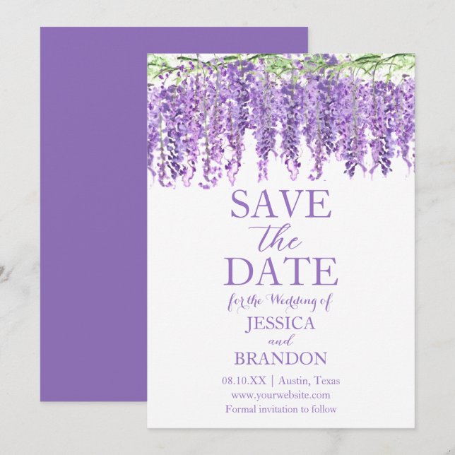 Convite Wisteria Salva a Data Violeta Floral Roxa (Frente/Verso)