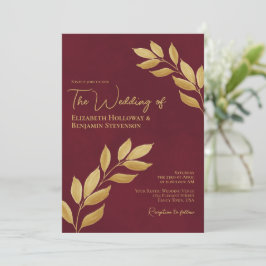 Convite Wistful Leaves Elegant Burgundy & Gold Wedding